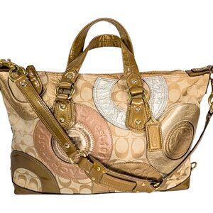 Coach Ashley Patchwork Metallic Canvas Jacquard Patent Leather Tote F15474